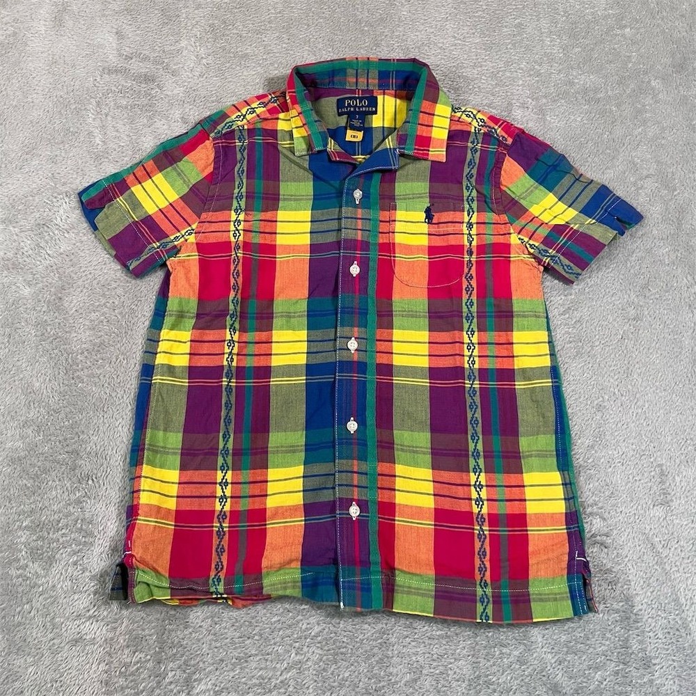 Ralph Lauren Boy's Size 7 Plaid Oxford Short Sleeve Button-Up Shirt Multicolor